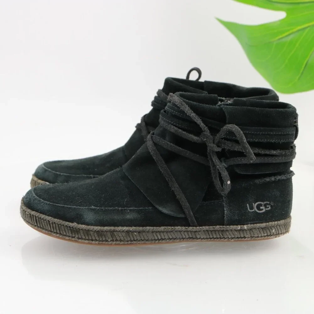 UGG Womens Reid Boot Size 6 Black Suede Tie Wrap Cushioned Moc Casual Booties‎